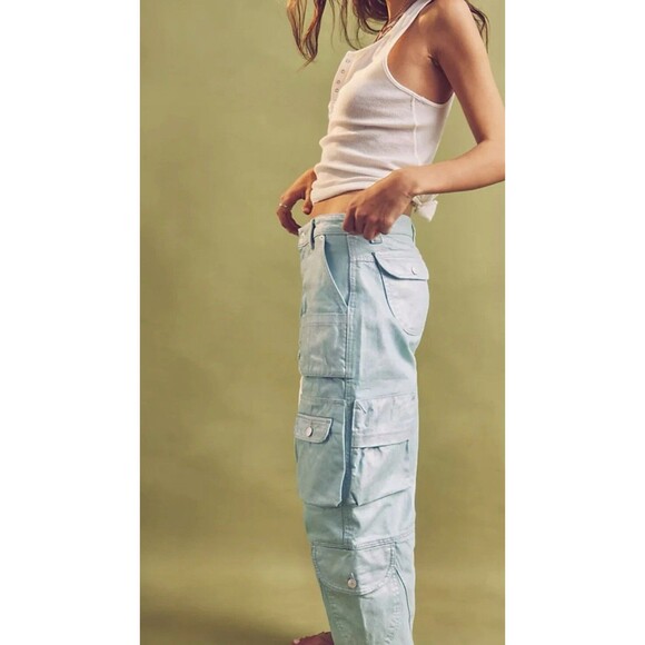 Free People Lap of Luxury Barrel Cargo Jeans Aqua Marine Metallic Size 27 NWOT - Picture 3 of 14